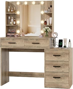 Furmax Makeup Vanity Desk with Mirror and Power Outlet, Vanity with 3 Color Light Options Adjustable Brightness, Vanity Table with 5 Drawers, 6 Storage Shelves, Nightstands Rustic Oak