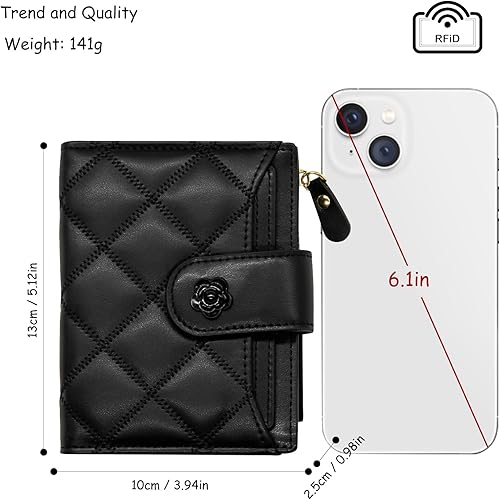 Miniatura 2 de LJCZKA Cartera de cuero vegano para mujer, tarjetero RFID, pequeño bolsillo con cremallera, billetera corta con ventana para identificación, Negro