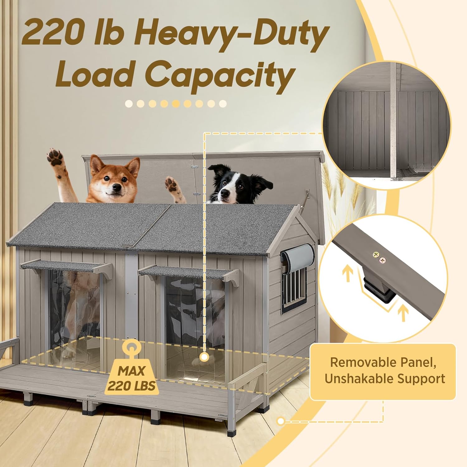 Gowoodhut 55.5" L Extra Large Dog House Outdoor, Wooden Dog Kennel for Large Breeds, Weatherproof XL Dog House with Openable Roof & 2 Doors, Cozy Indoor/Outdoor Doghouse for Large Small Dogs