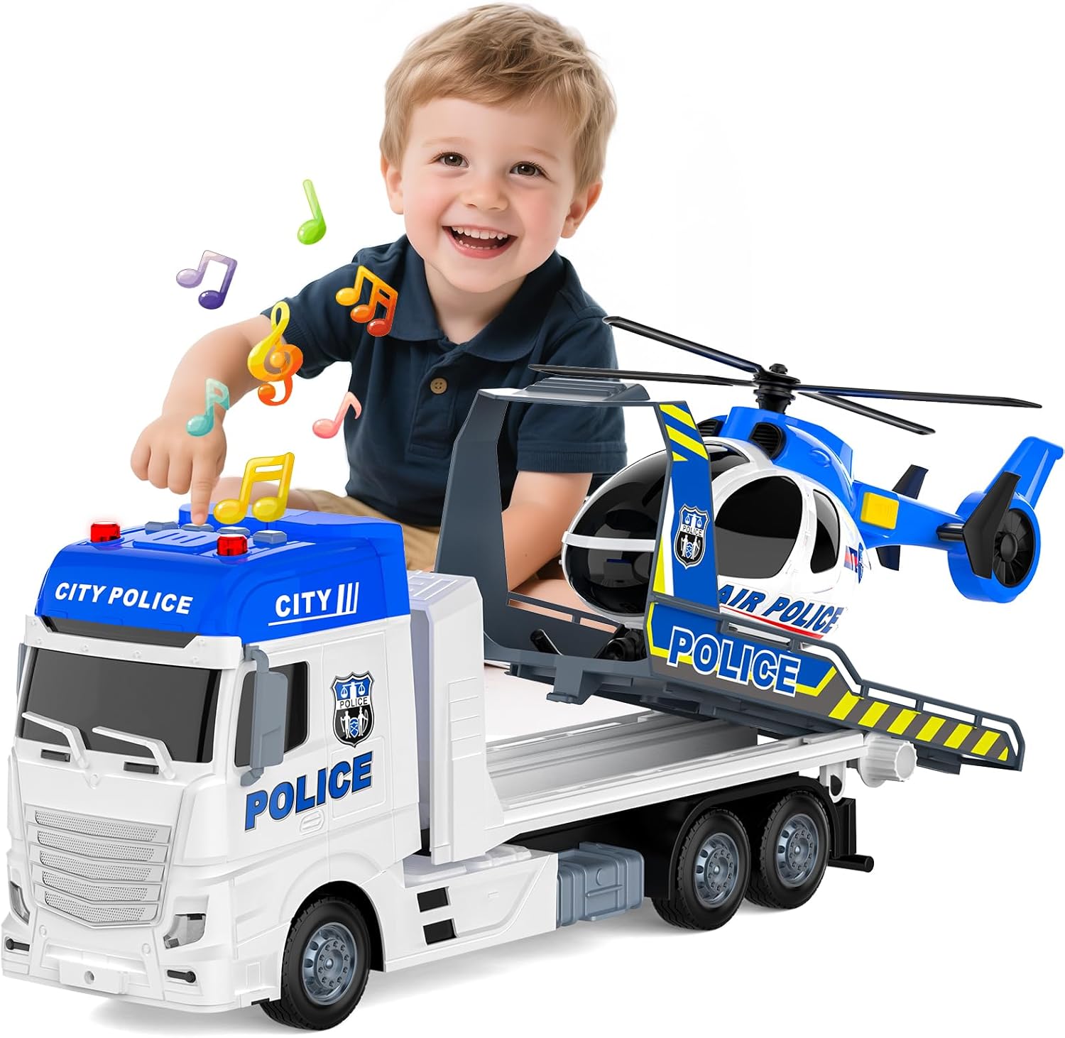 21.2 Inch Semi Police Truck Toy for 3 4 5 Years Old Boys - With Racing Car and Helicopter, Friction Powered Transport Truck Crane Vehicle with Lights and Sounds for Boy Christmas Birthday Gifts