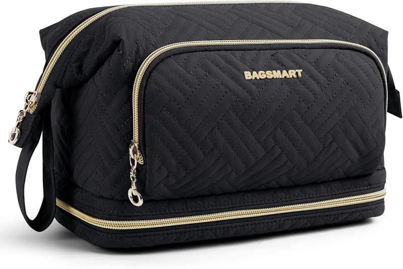 BAGSMART Necessaire de Maquiagem para Viagem com 2 Camadas, Compartimento Amplo, Porta-pincéis e Zíper, Preta