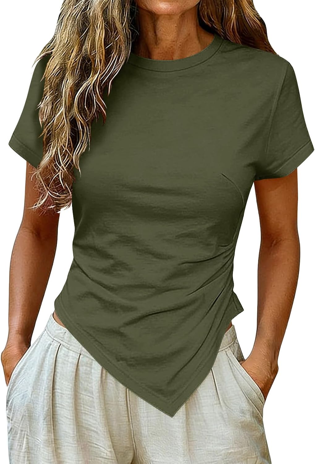 Womens Asymmetrical Summer Tops Going Out Y2K Short Sleeve Crew Neck Slim Shirts Solid Color Spring Trendy Clothes