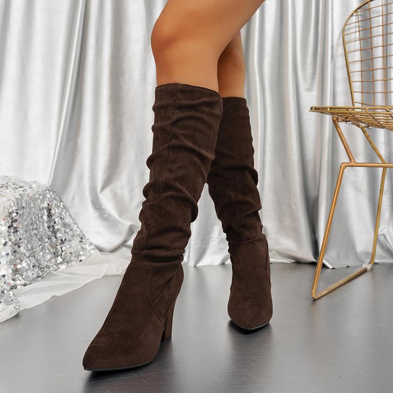 Women's Knee High Suede Boots Chunky Heel Slouchy Boots Pointed Toe Riding Boot for Fall & Winter