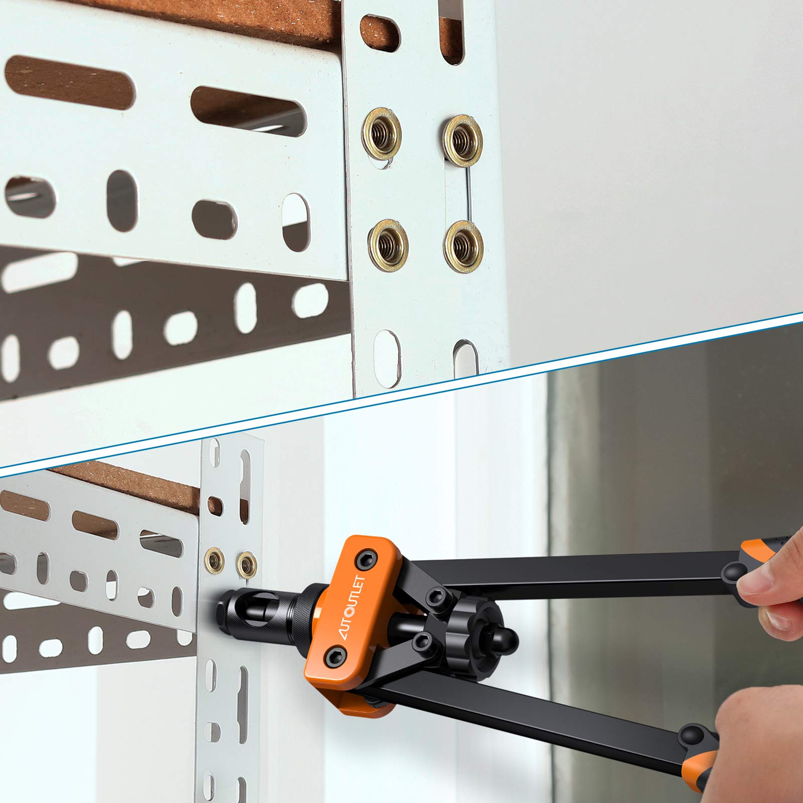 AUTOUTLET Remachadora de Tuercas, 14" Remachadora Profesional, con 150PCS Tuercas de Remache, 6 Mandriles Intercambiables M3 M4 M5 M6 M8 M10, Llave Incorporada, Herramientas de Remachado - Naranja