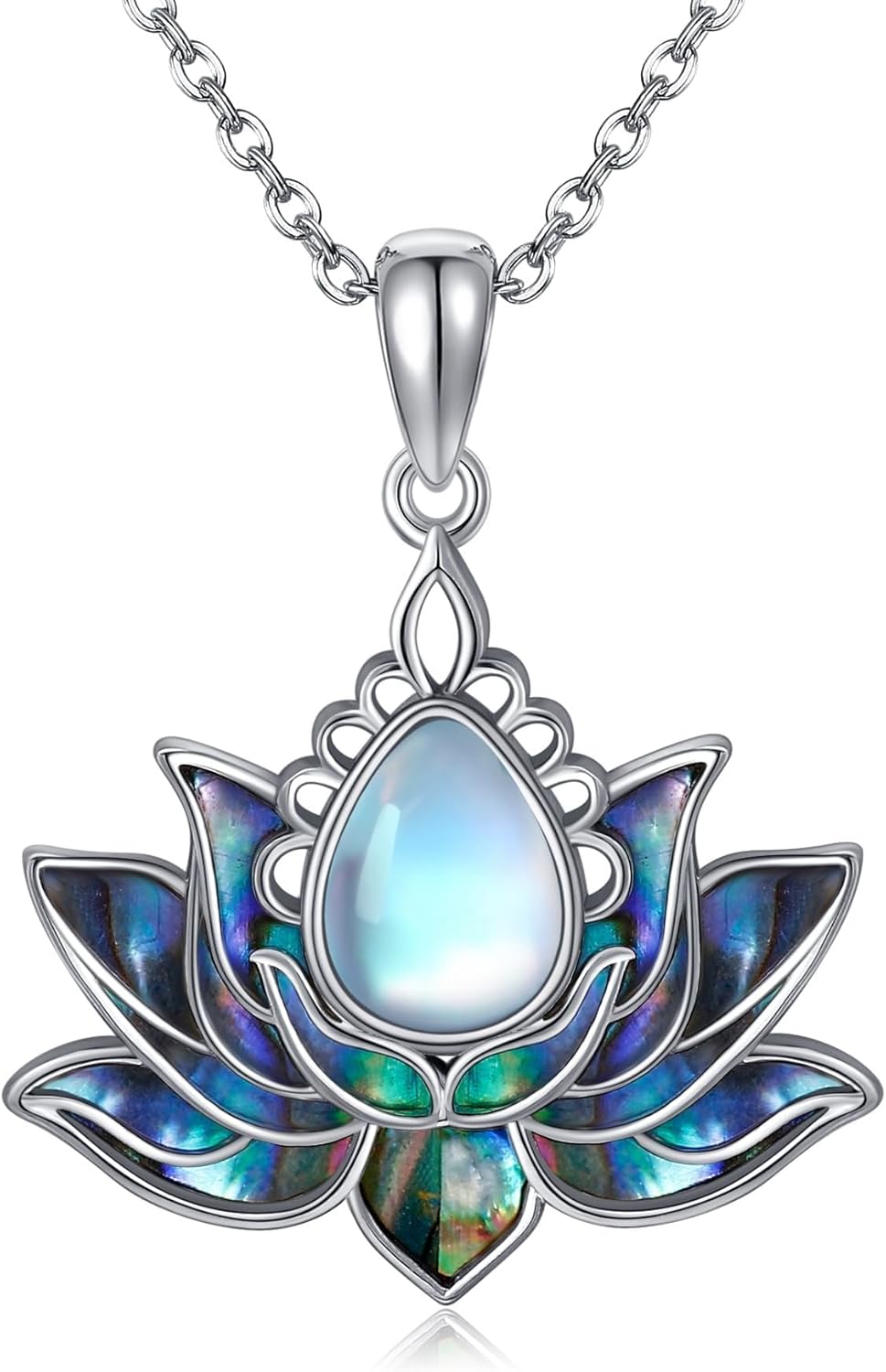 Sterling Silver Lotus Necklace Moonstone Abalone/Opal Pendant Flower Jewelry for Women Mom