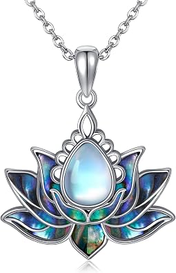 Sterling Silver Lotus Necklace Moonstone Abalone/Opal Pendant Flower Jewelry for Women Mom