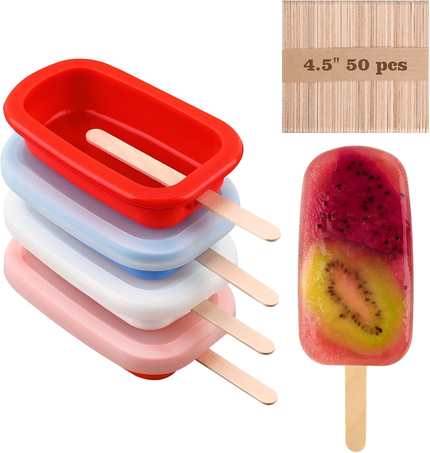 Sakolla 4 Pcs Silicone Popsicle Molds with Lid & 50 Pcs Wooden Popsicle Sticks, Stackable Classic Oval Ice Cream Molds for Homemade Ice Pop, Cakesicles, Freezer Yogurt and Fruit Juice (Multicolor)