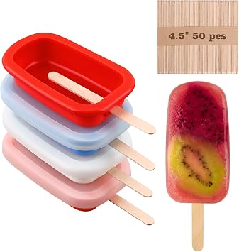 Sakolla 4 Pcs Silicone Popsicle Molds with Lid & 50 Pcs Wooden Popsicle Sticks, Stackable Classic Oval Ice Cream Molds for Homemade Ice Pop, Cakesicles, Freezer Yogurt and Fruit Juice Multicolor