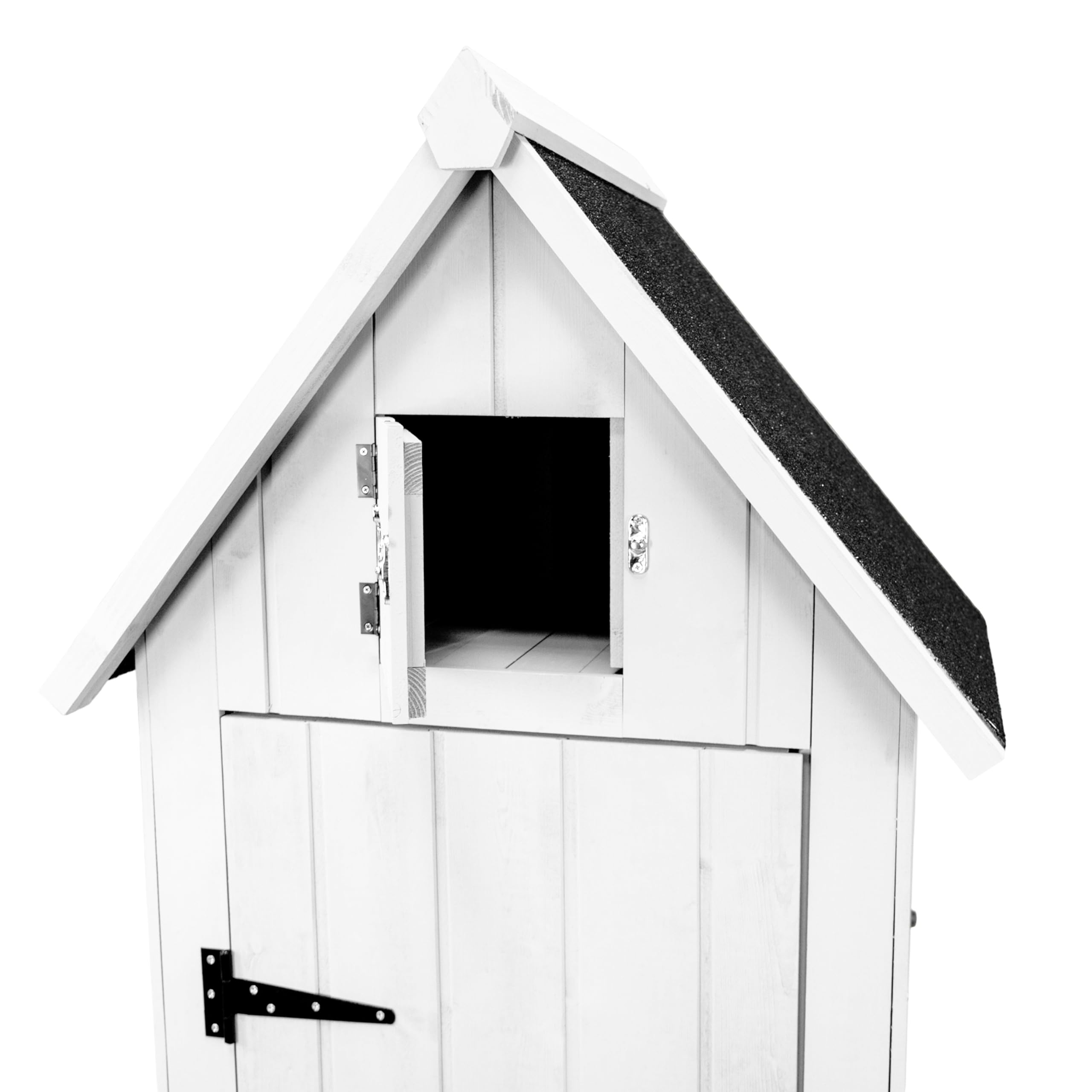 Gartenschrank aus Holz [Weiß], Wasserfest, Abschließbare Türen, 3 Regale 4 Haken, Dachluke, Bodenbefestigungskit, Schraubenabdeckungen, Asphaltdach [INKL. Vorhängeschloss & 4 Schlüssel]