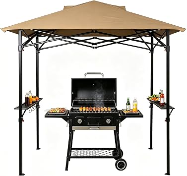 EAGLE PEAK 8x5 Pop up Grill Gazebo with Carry Bag, Instant Outdoor BBQ Canopy Tent with Air Vent for Barbeque, Picnic and Patio, Beige