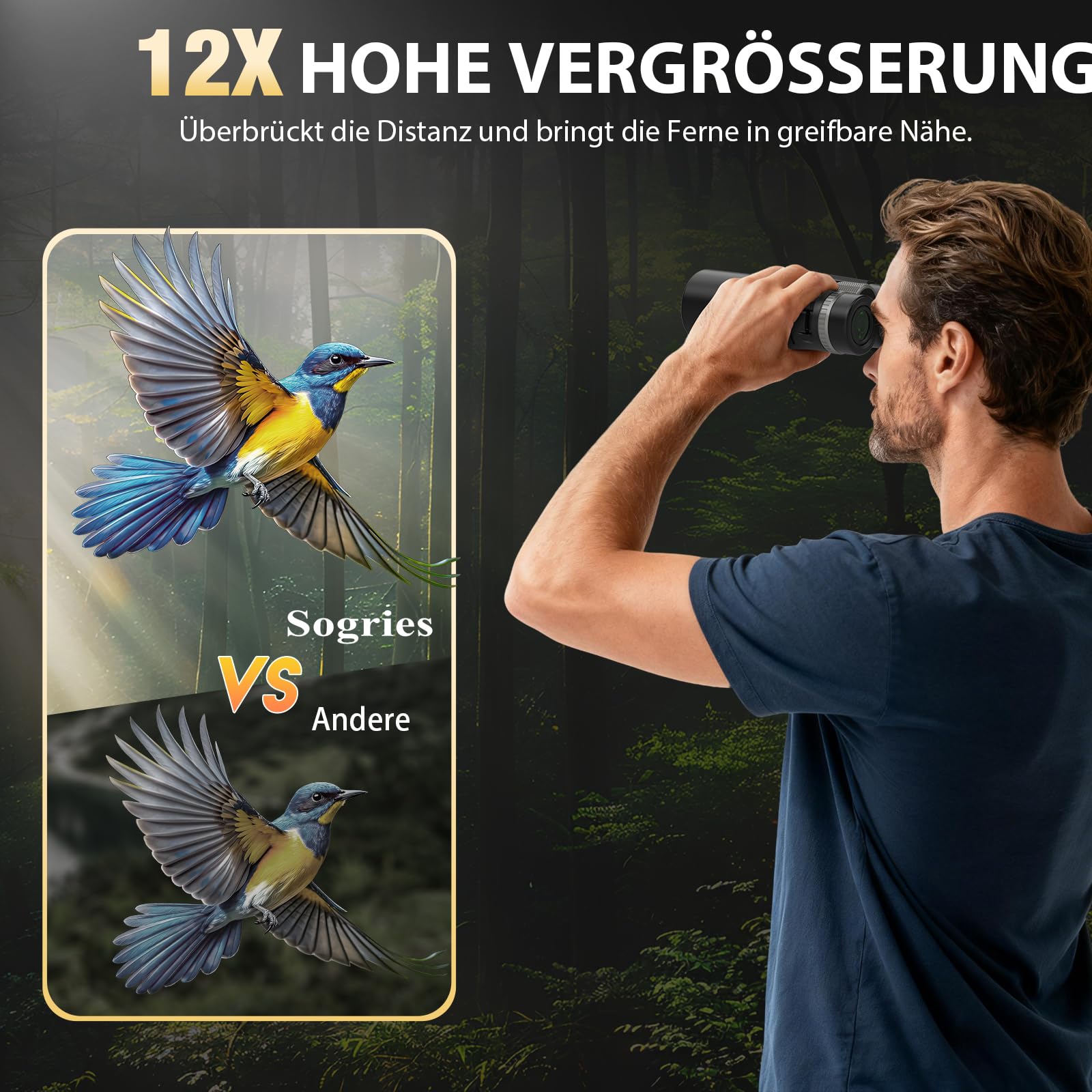 Sogries 12x42 hochauflösend Fernglas Erwachsene BAK4/FMC Prismen + Brillenträger-Stativ-Set für Vogelbeobachtung Outdoor