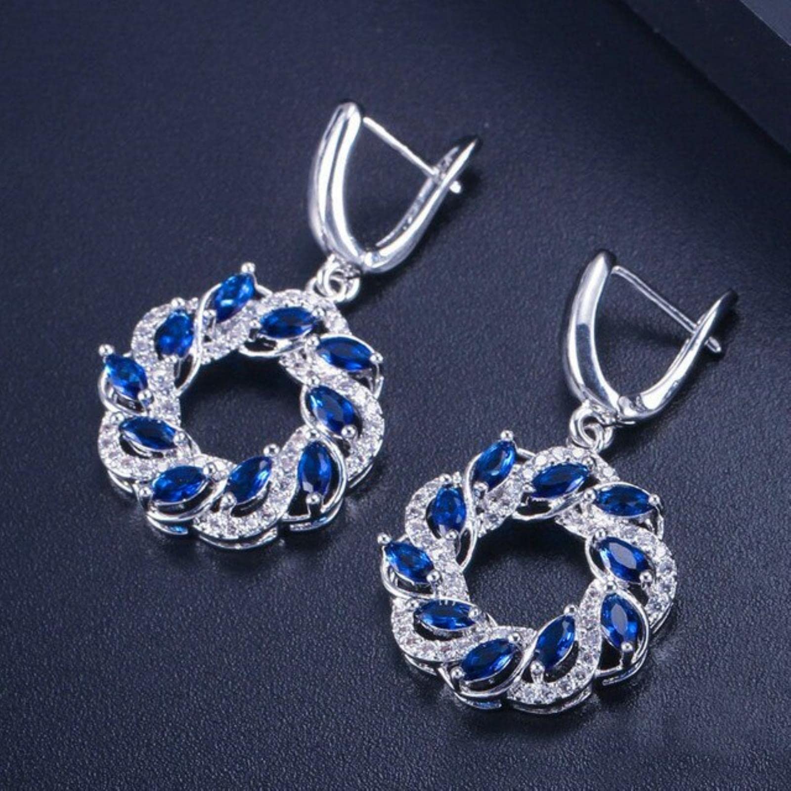 JFGCTYHXY Earrings, Zircons New Silver Color Green Blue Cubic Zirconia Crystal Long Dangling Round Big Hoop s For Women Jewelry(Blu)