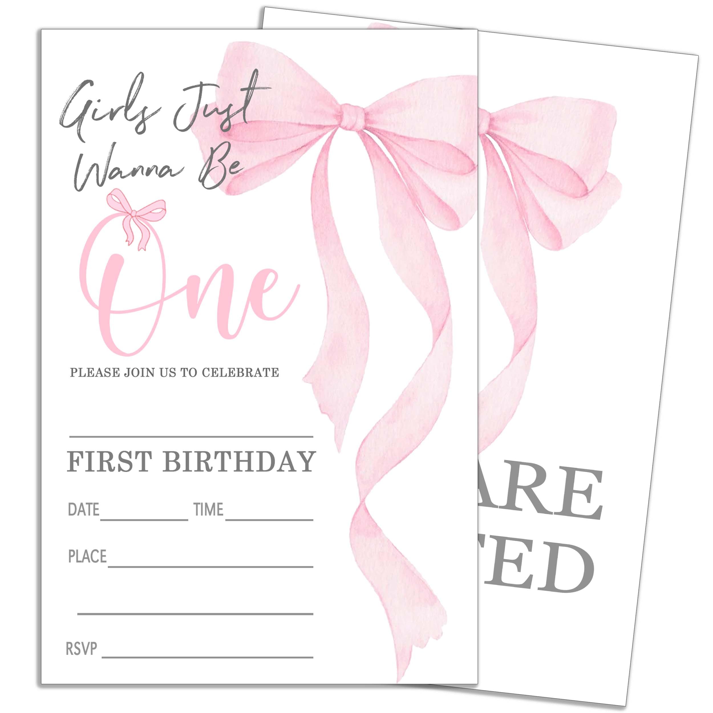 ukebobo Pink Bow Birthday Invitation, Girls Just Wanna Be One, 1st Birthday Party Invite Cards, 20 Double-Sided Fill In Invitation Cards with