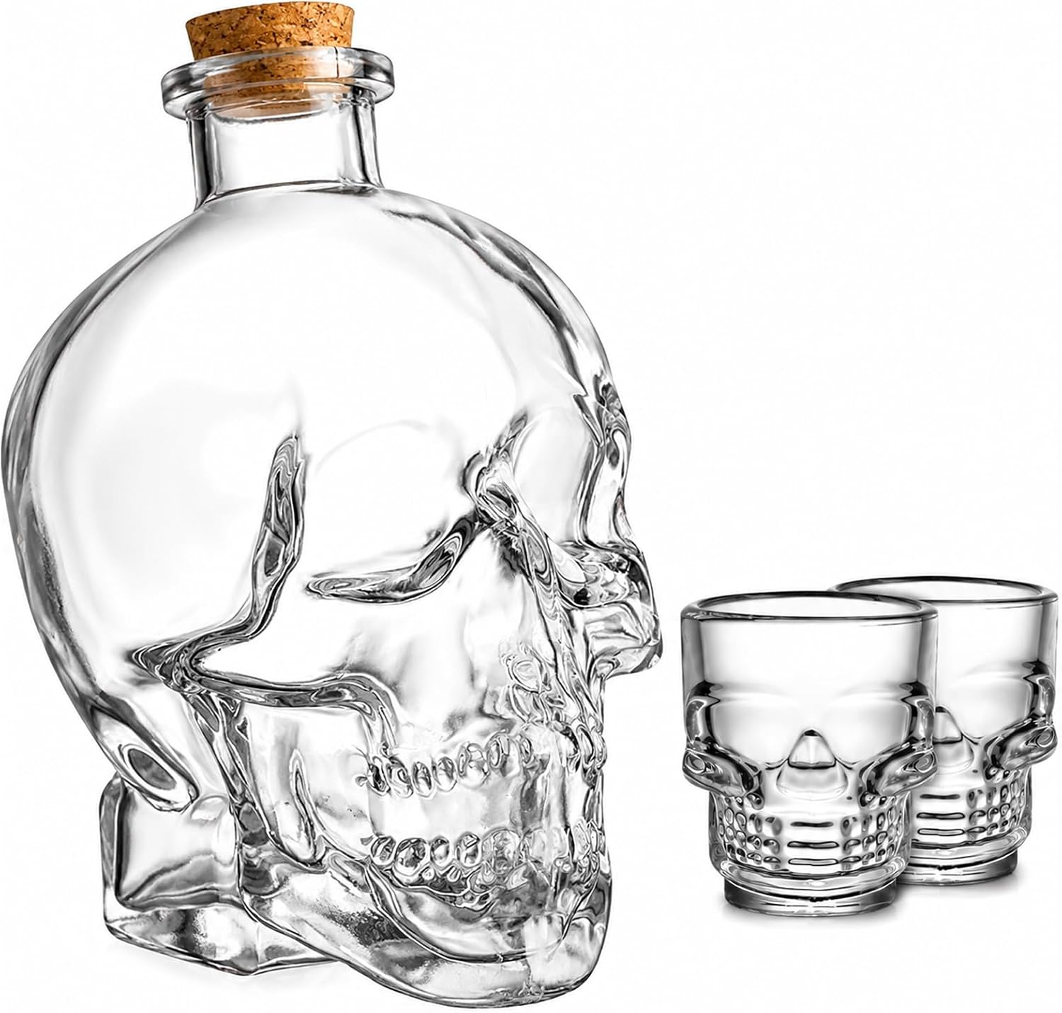 Skull Decanter Set – 25oz Crystal Glass Decanter with 2 Small 50ml Skull Cups, Halloween-Themed Whiskey Decanter for Liquor, Vodka, Wine, Bourbon, and More