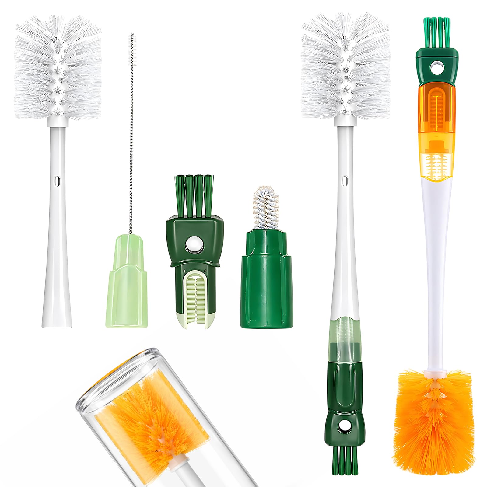 2Pcs Bottle Cleaner Brush, 5-in-1 Multi-Function Long Handle Cleaning Brush Set, Upgraded Orange and Green Design, Ideal for Various Bottle Cleaning Tasks and Kitchen Utensils