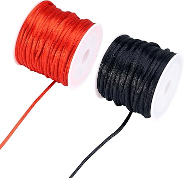 Elecrelive 2mm Rattail Silk Cord for Jewelry Making, Satin Nylon Trim Cord Red Black Silky Beading String 20 Yards Knitting Rope for Kumihimo Lanyards Jewelry Keychain Making