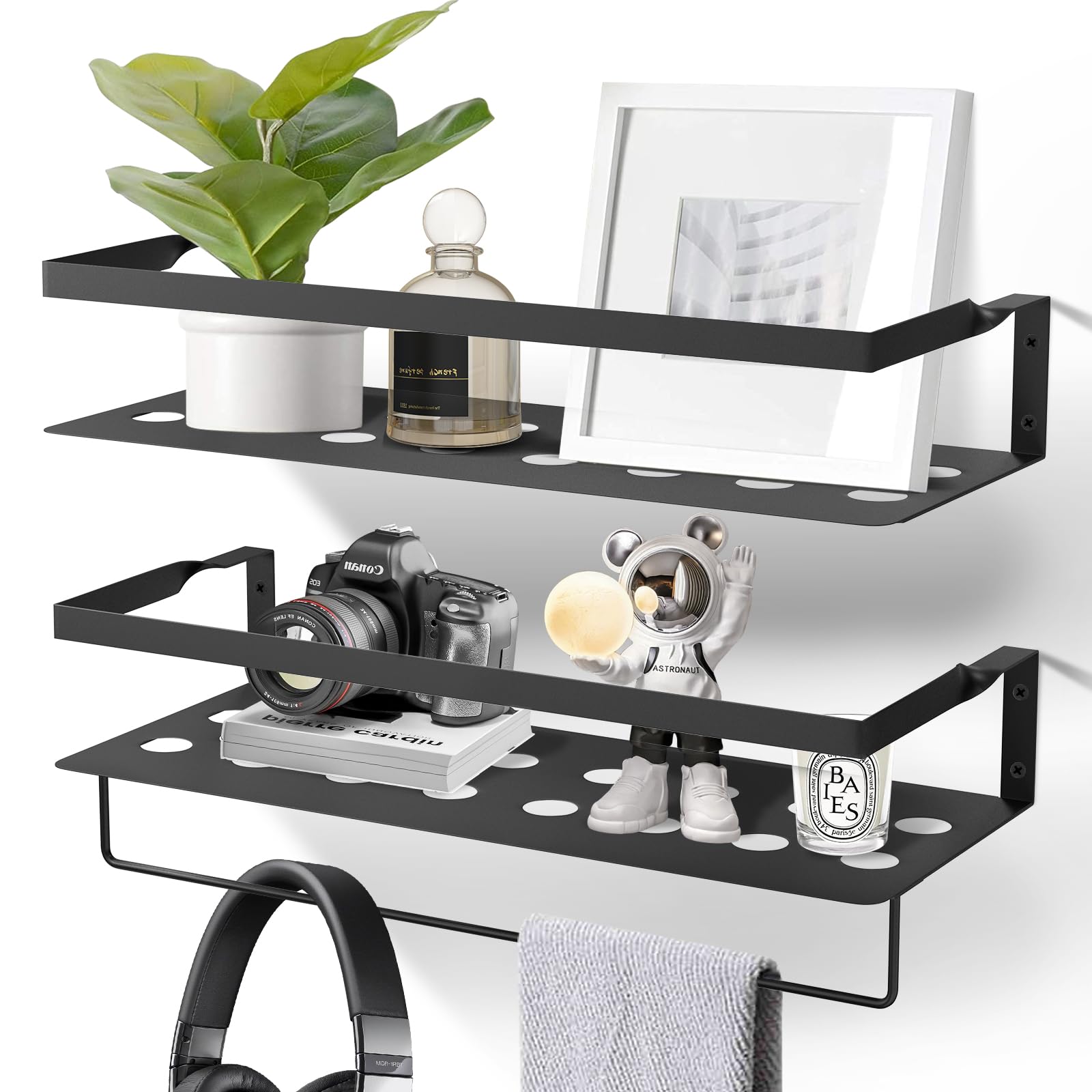 Uten Floating Shelves, Wall Mounted Storage Iron Shelves Set of 2 with Towel Rack, Wall Hanging Organizer Decor Shelf for Bathroom, Kitchen, Bedroom, Laundry Room, Living Room, Black