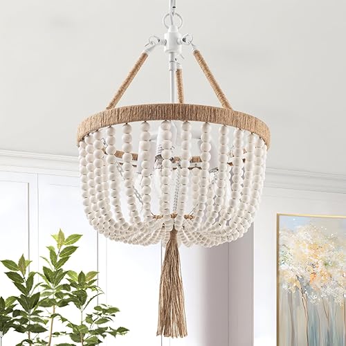 VILUXY Candelabro bohemio con cuentas de madera de granja, lámpara colgante de cuentas de madera, Chandeleir colgante de 3 luces, candelabro rústico