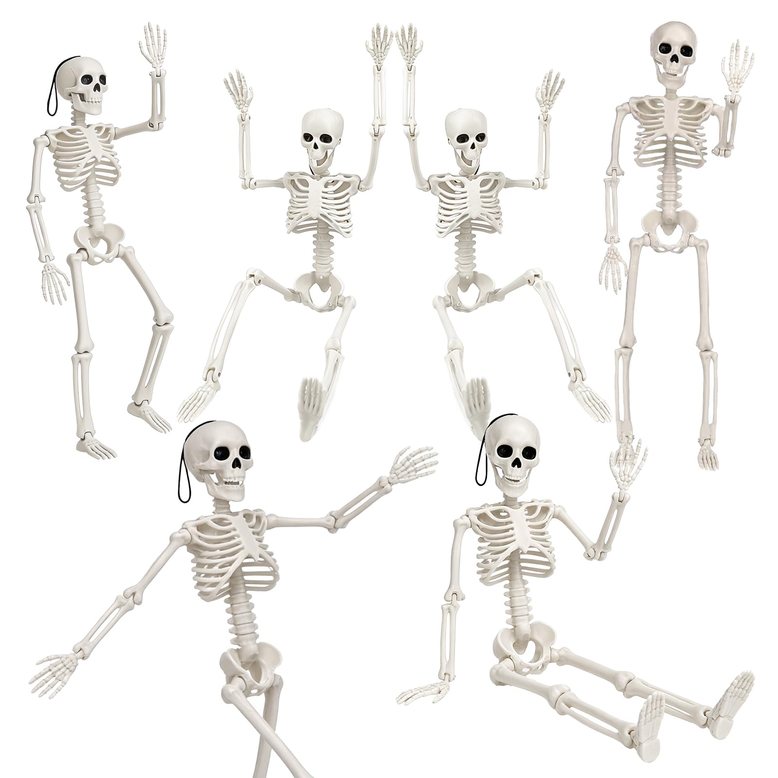 6PCS Halloween Posable Skeletons - 40cm Plastic Full Body Movable Joints