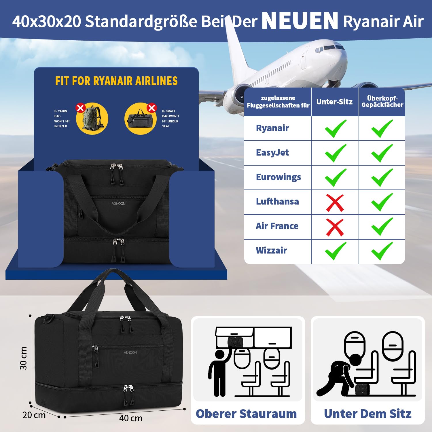 VSNOON Neuer Ryanair Handgepäck 40x30x20 Kabinentasche, 24L Handgepäck Tasche mit Nasse Tasche und Schuhfach wasserdichte Faltbare Reisetasche für EasyJet Weekender Fitness Urlaub Krankenhaus,Schwarz