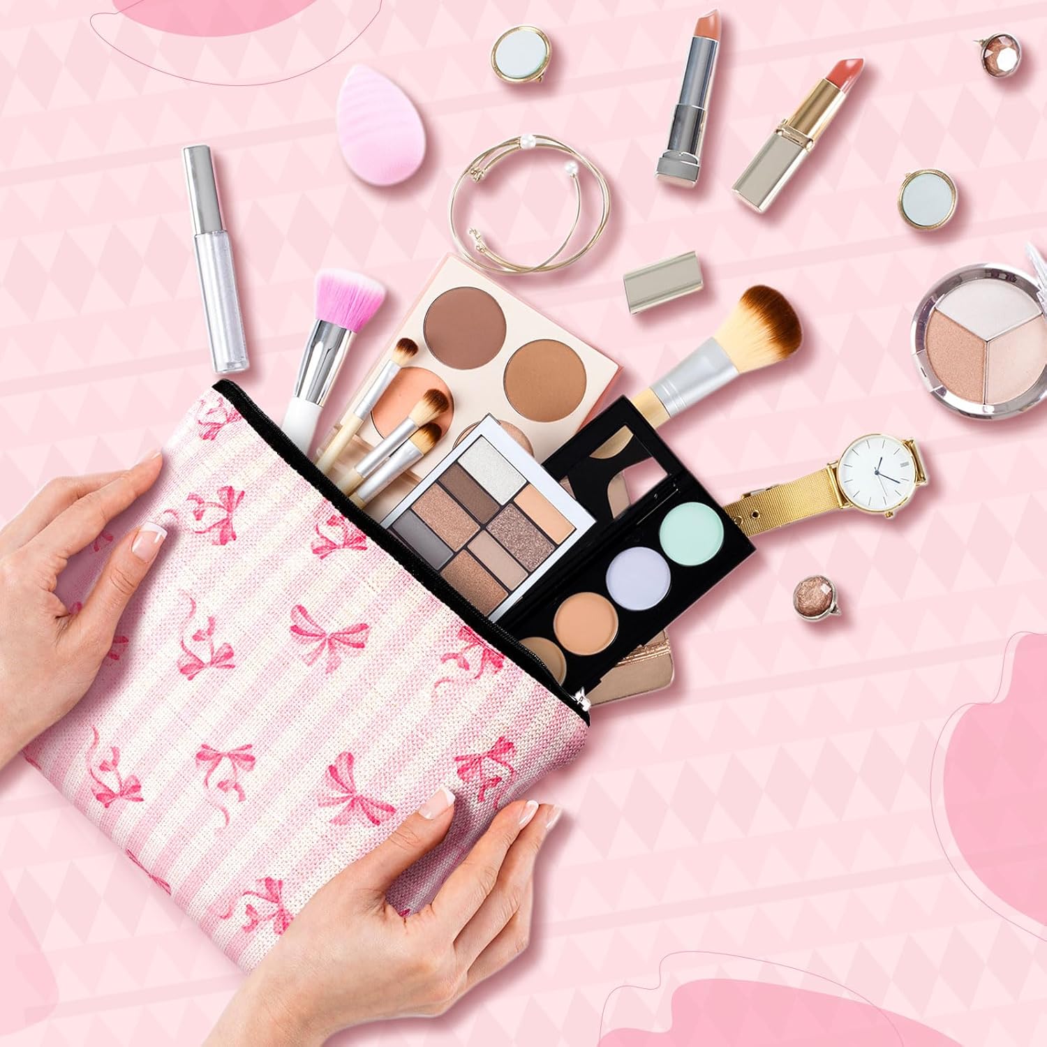 Kacctyen 6 Pack Pink Coquette Bow Makeup Bag Preppy Cosmetic Bags Zipper Pouch Travel Toiletry Bag Pink Trendy Pouch Bag Gift for Coquette Birthday Paty Favor Girls Travel Storage Accessories - Image 5