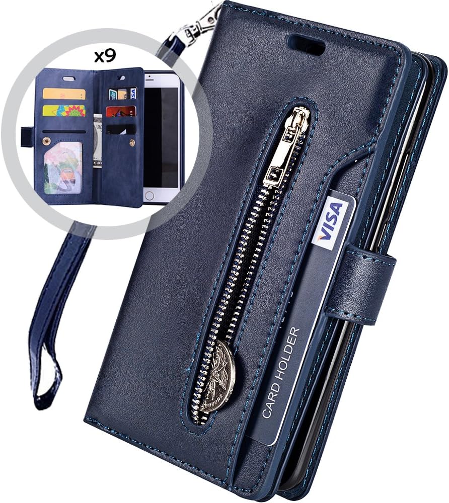 iPhone 8 Plus Case Wallet,Auker Trifold 9 Card Holder Flip Flop Sleek Faux Leather Folio Book Design Fold Stand Zipper Wallet Clutch Case with Strap&Money Pocket for Women/Men iPhone 7 Plus Navy