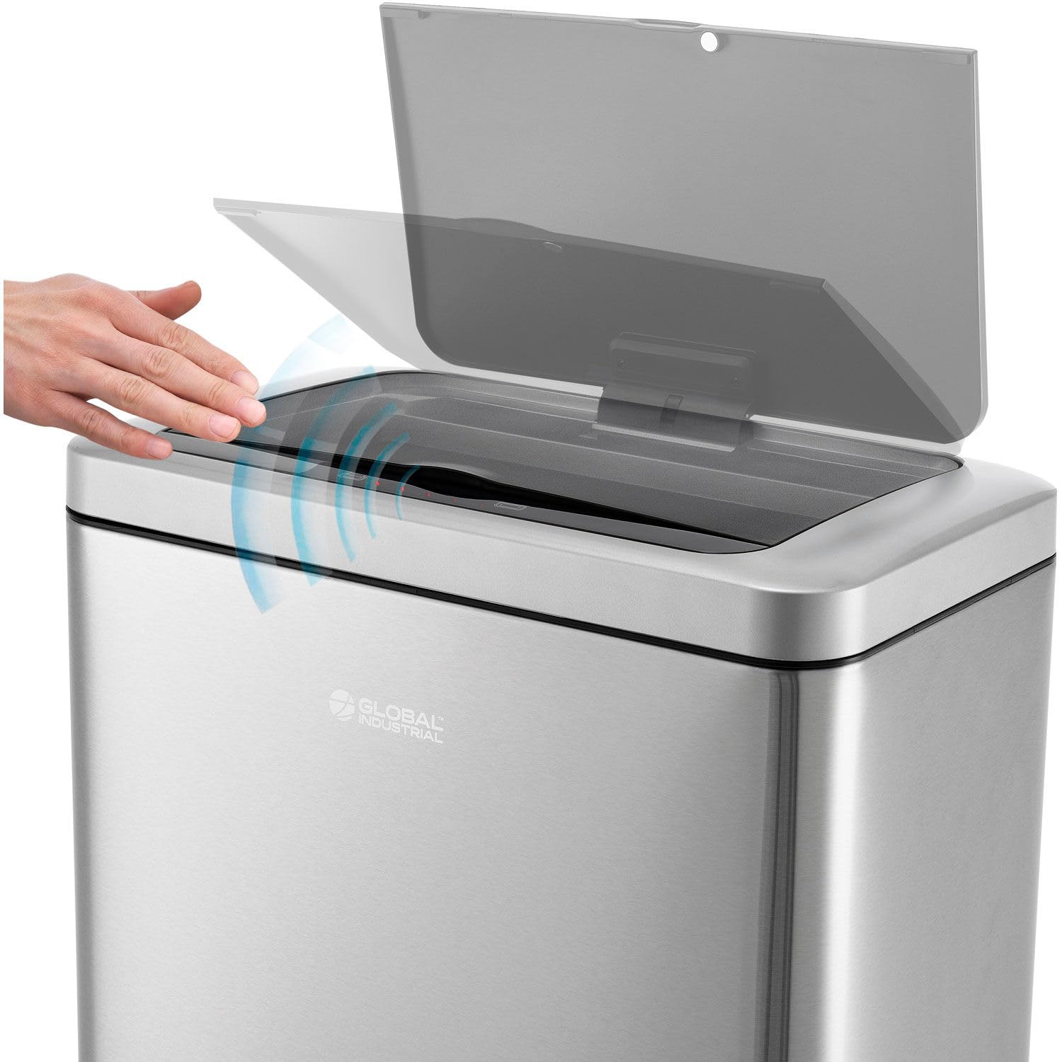 Global Industrial Indoor Rectangular Motion Sensor Trash Can with Plastic Liner, 12 Gallon Capacity, 10-5/8"L x 18-1/8"W x 25-1/2"H, Brushed Stainless Steel