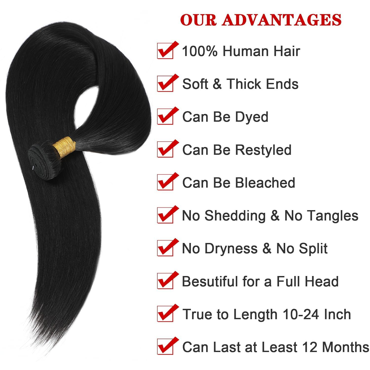 Straight Bundles Human Hair 24 inch 100% Unprocessed Brazilian Straight Hair Bundles 12A Remy Virgin Retain the Intact Cuticle, Long Lifespan