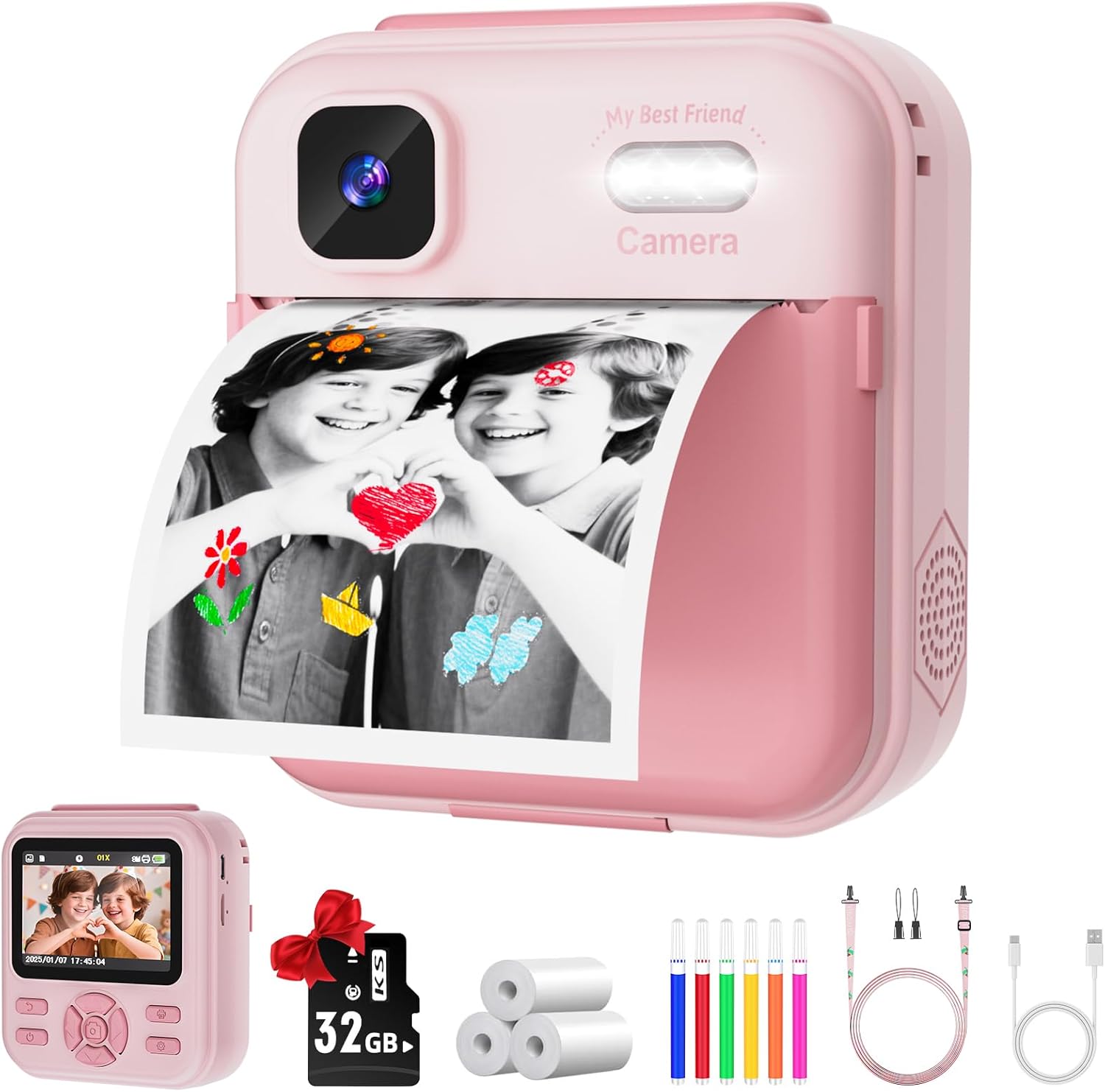Cámara de impresión instantánea para niños y niñas, cámaras HD de 48 MP con video de 1080P, papel de impresión, tarjeta de 32 GB, cepillo, regalos