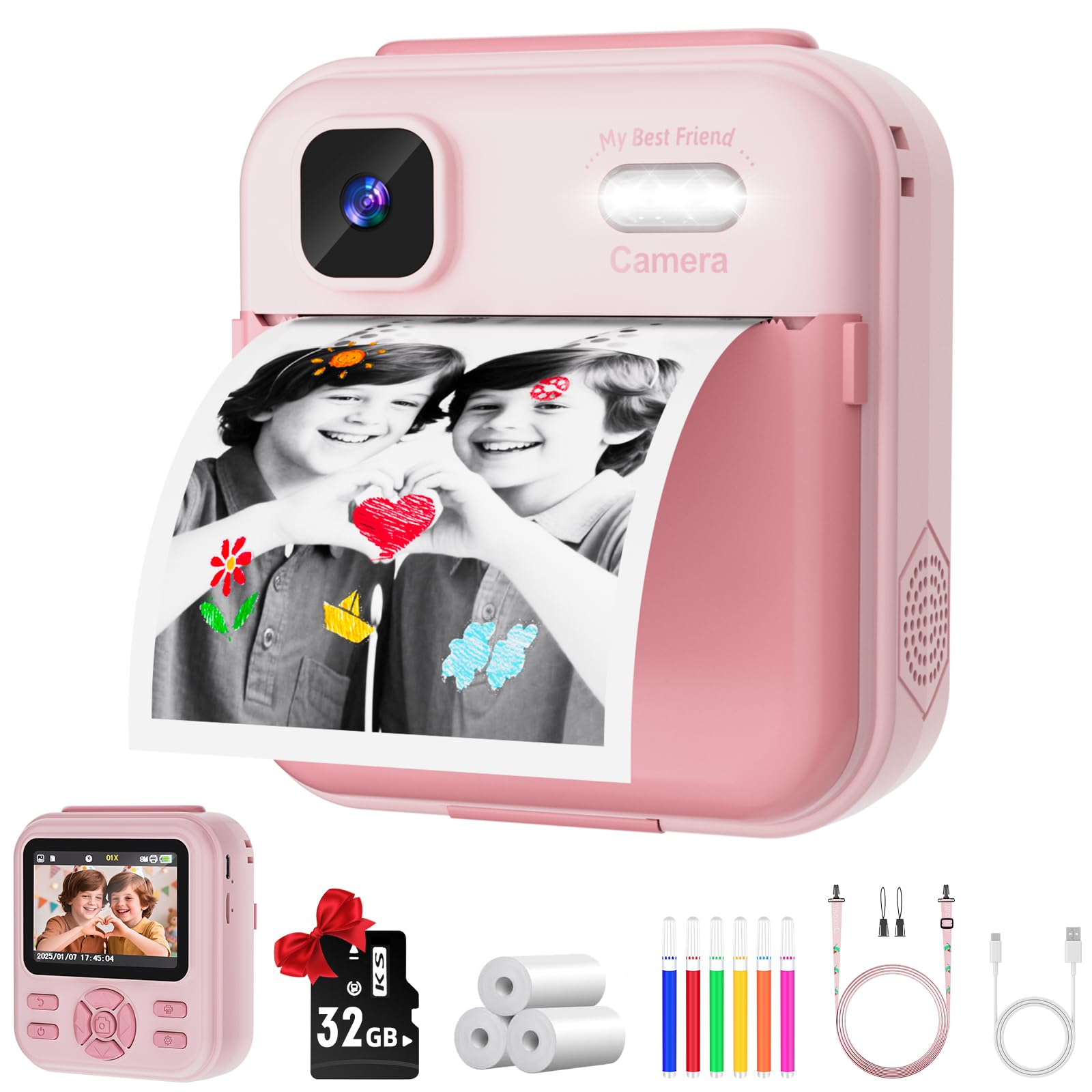 Kids Camera Instant Print for Boys and Girls, 48MP HD Cameras w/1080P Video, Print Paper, 32GB Card, Brush, Christmas Birthday Gifts Toys for Toddler