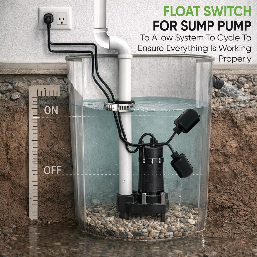 PumpSpy Sump Pump Tethered Universal Float Switch Replacement with Piggyback Plug for Sewage, Reliable Water Level Performance - 10 foot cord