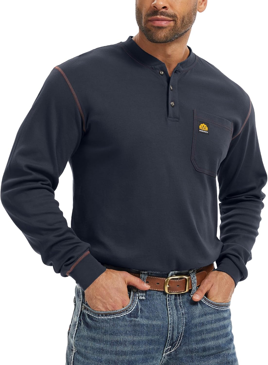 WORKWEYA FR Shirts for Men 6.5 oz Flame Resistant Long Sleeve Henley Shirt NFPA 2112/CAT2