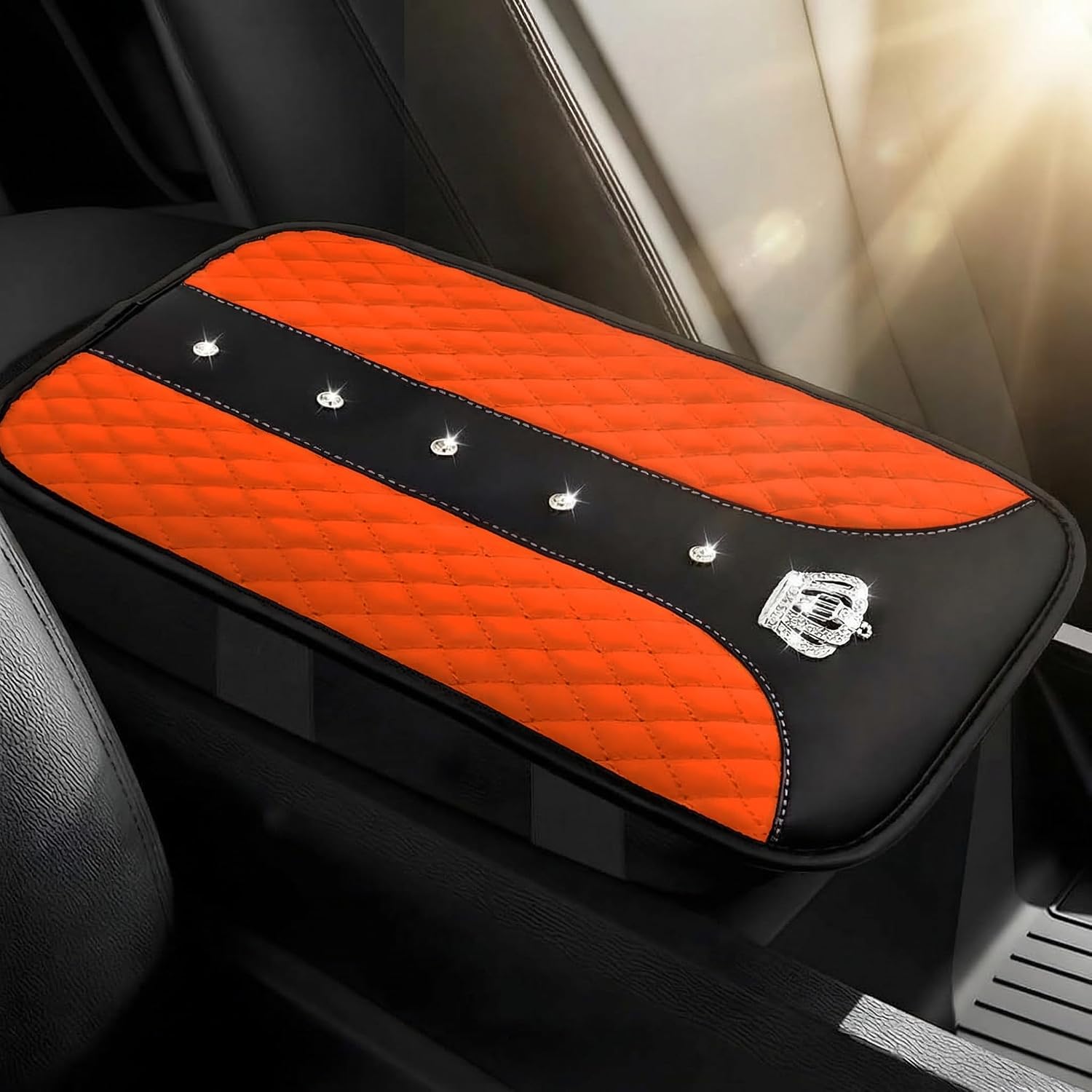 Car Center Console Cover,Bling Crown Anti-Slip and Waterproof Crystal Car Armrest Pad Protector,Center Console Accessories for Cars & SUVs Accessories(Orange)
