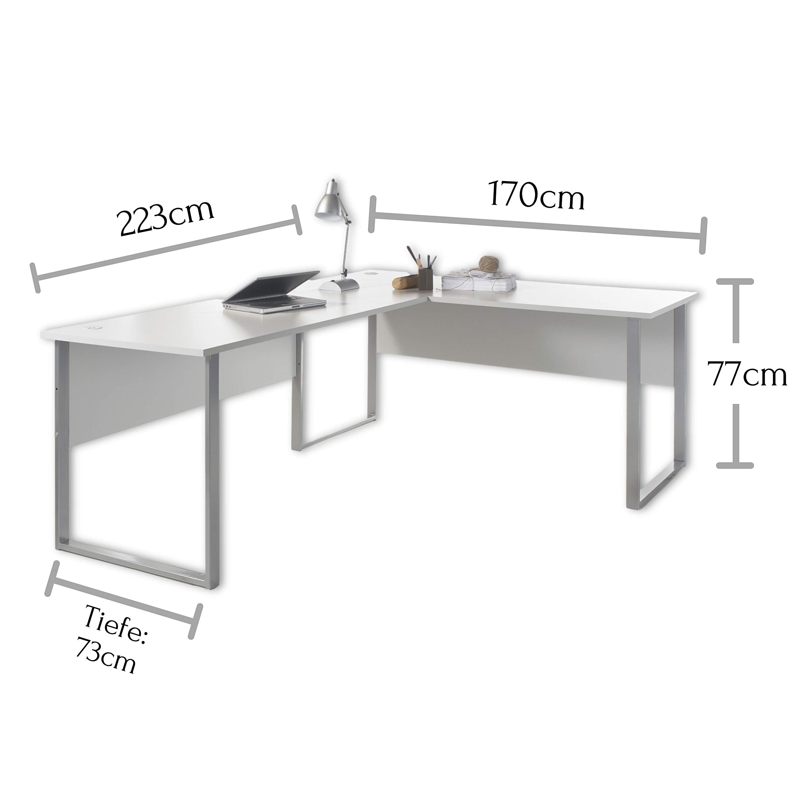 Stella Trading OFFICE LUX Eckschreibtisch inkl. Kabeldurchführung, grau - Computertisch mit großer Arbeitsfläche - Modernes Büromöbel Komplettset - 223/170x77x73 cm(B/H/T), Korpus und Front: Lichtgrau