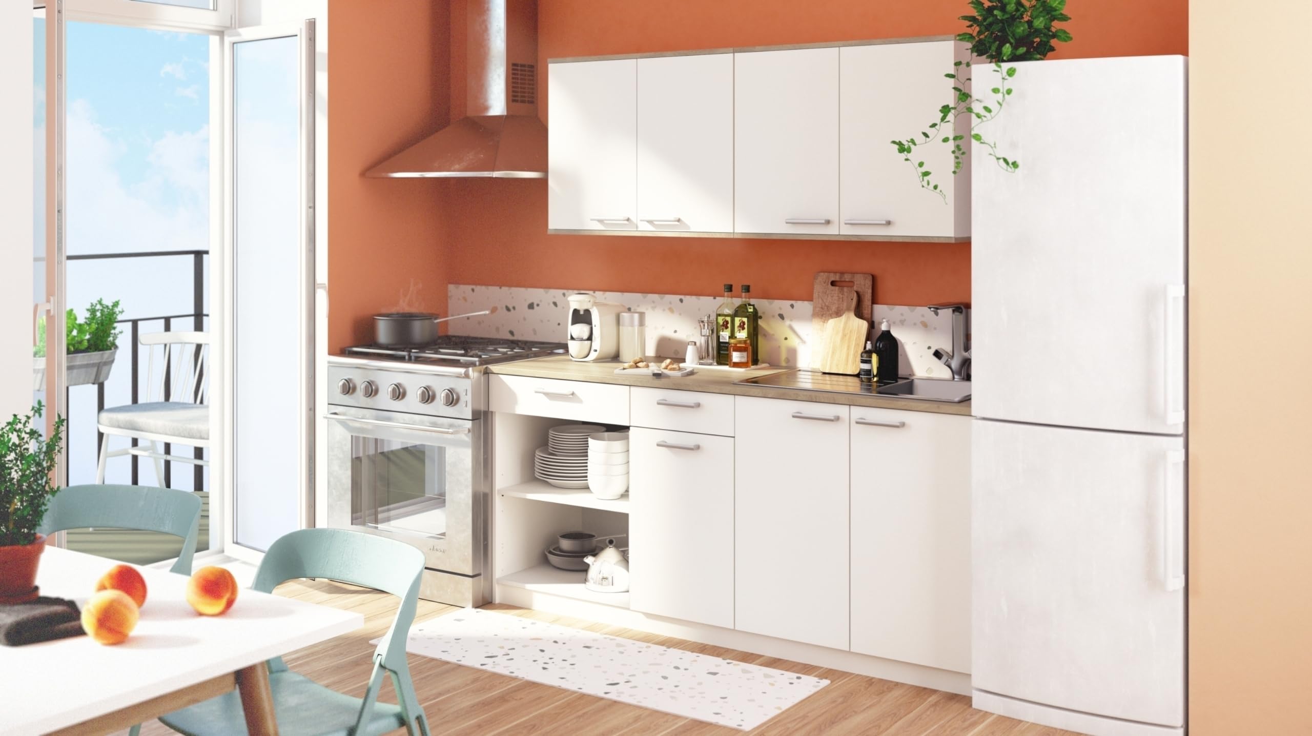 möbelando Miniküche >Cooking< in Matt weiß - 180x82,5x60cm (BxHxT)
