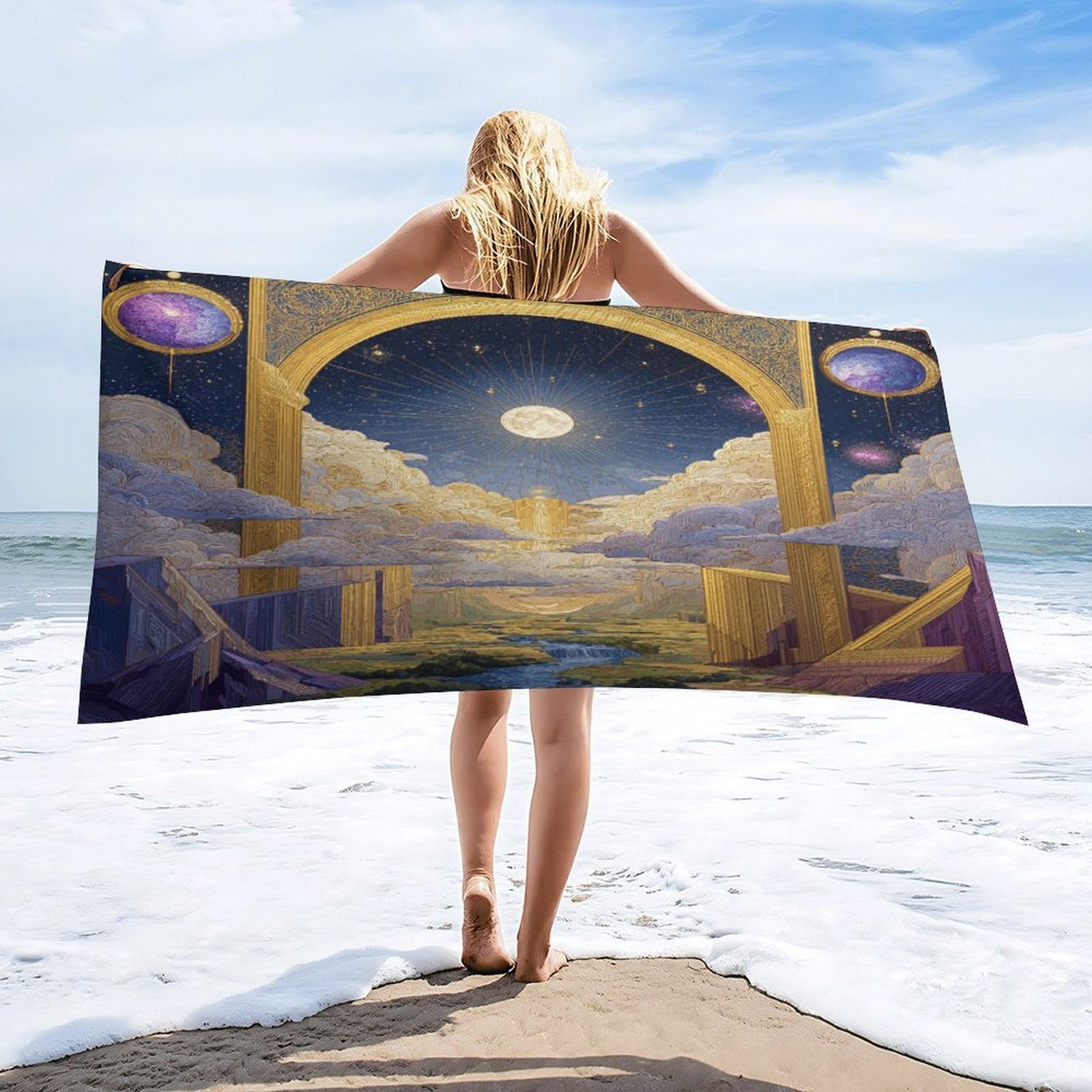 Luyysky Abstract Geometric Fantasy Archway Quick-Drying Beach Towel, Modern Watercolor Full Moon Starry Sky Outer Space Galaxy Travel Vacation Single Sided Pile Bathroom Towels-80 W Cm X 160" L Cm