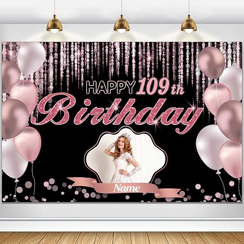 Cartel de decoración de feliz cumpleaños número 109 de oro rosa personalizado  Tamaño grande, personalización con nombre y foto compatible
