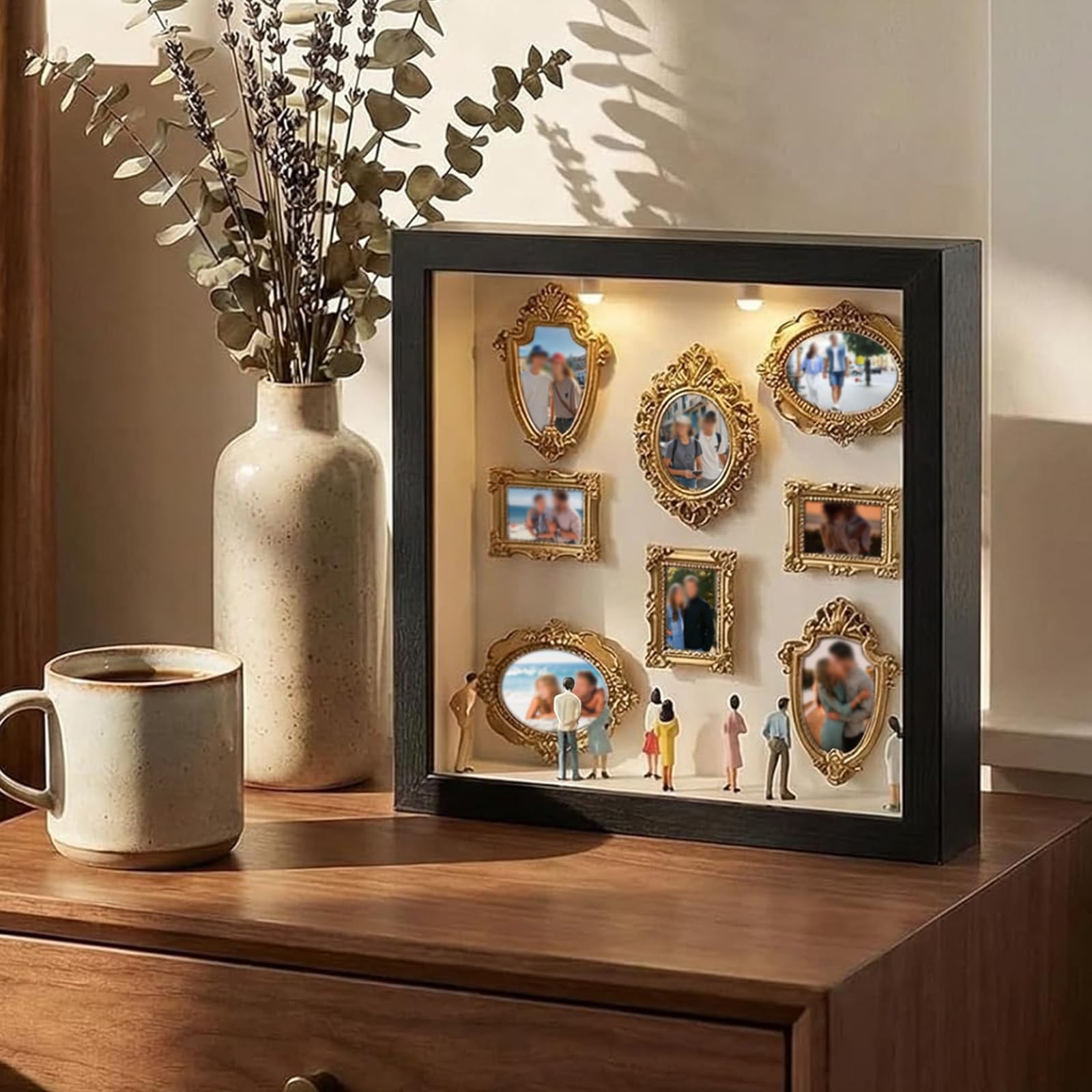 DIY Mini Museum Silhouette Box, Museum of Us Box Celebrate Your Unique Memories in Style, Personalized Photo Shadow Boxes Display with 8pcs Mini Museum Figurines & 8pcs Gold Mini Frames — view 4