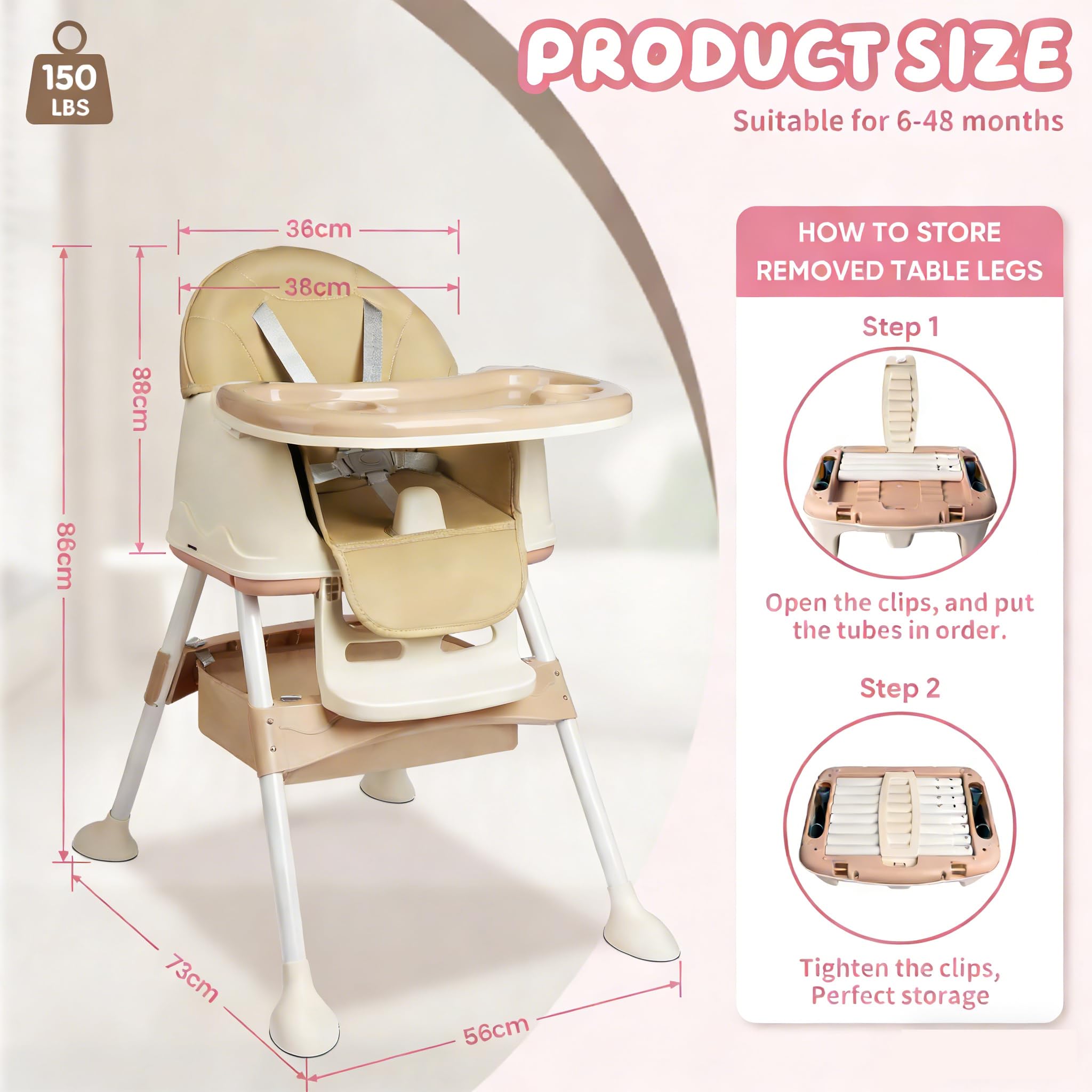 Chaise Haute Bébé 4-en-1, Chaise Haute Bébé Réglable et Convertible avec Ceinture de Sécurité, Plateau, Facile à Nettoyer, Siège Bébé de 6 Mois à 6 Ans (Beige)