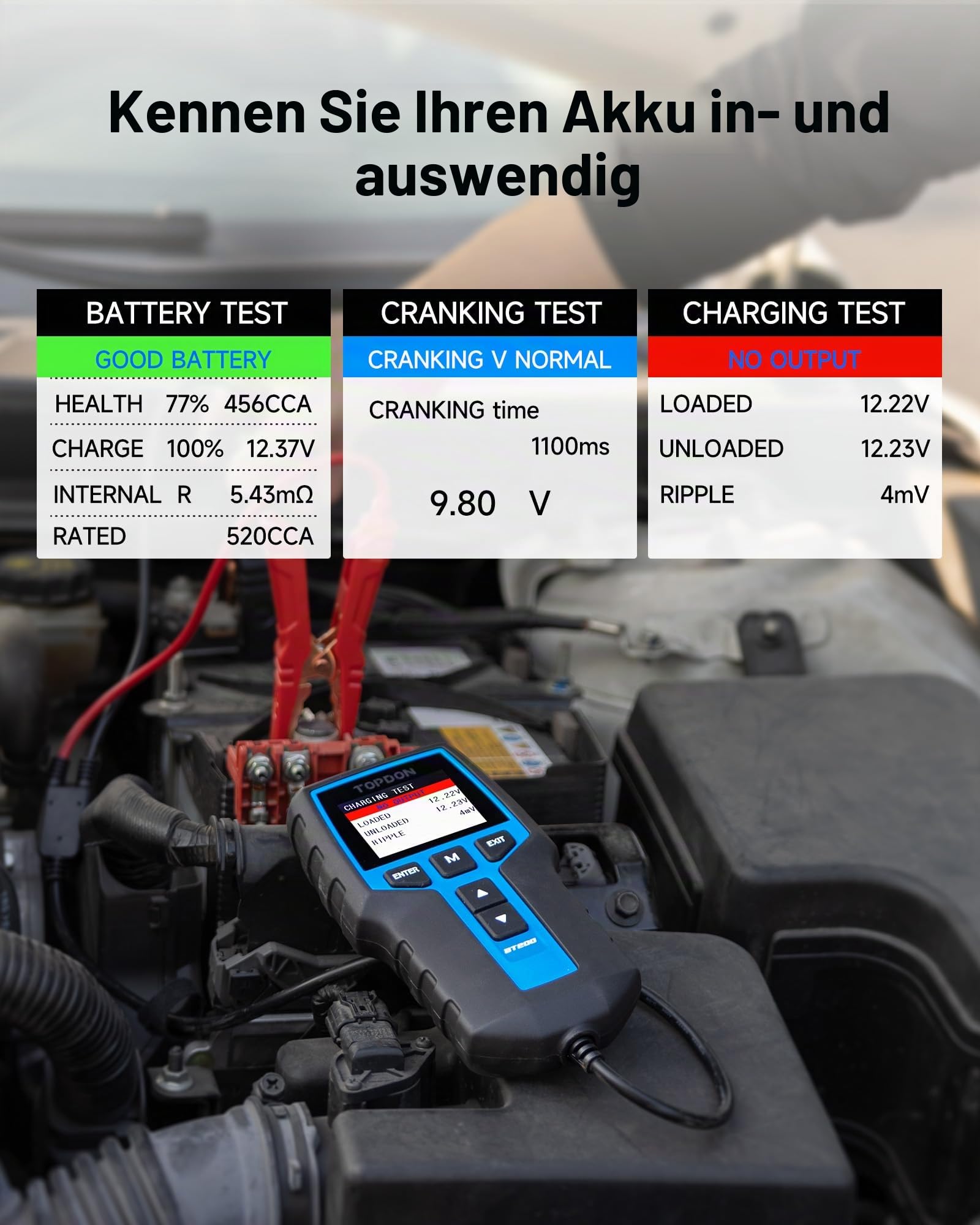 Topdon BT200 100–2000 CCA Kfz-Batterietester, Farb-LCD-Display, professionelles Batterie-Diagnosegerät für Auto, LKW, Motorrad, ATV, SUV, Boot, Yacht