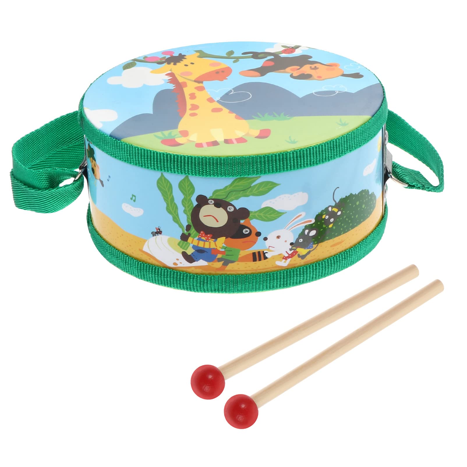 TOYANDONA Kids Drum Set Kids Drum Toy Cartoon Beer Drum Wood Drum Toy Montessori Percussion Instrument Music Drum with Strap and 2 Mallets for Baby Children Birthday Green