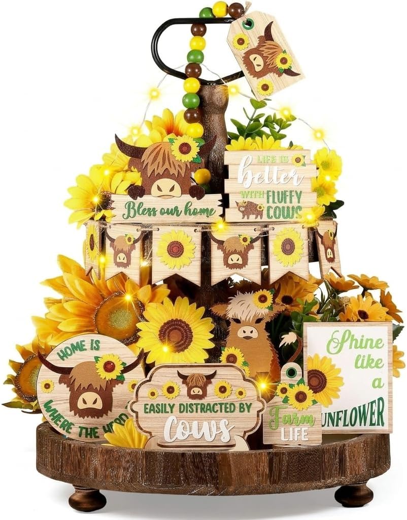 Highland Cow Tiered Tray Decor 20 Pcs Wood Sunflower Farmhouse