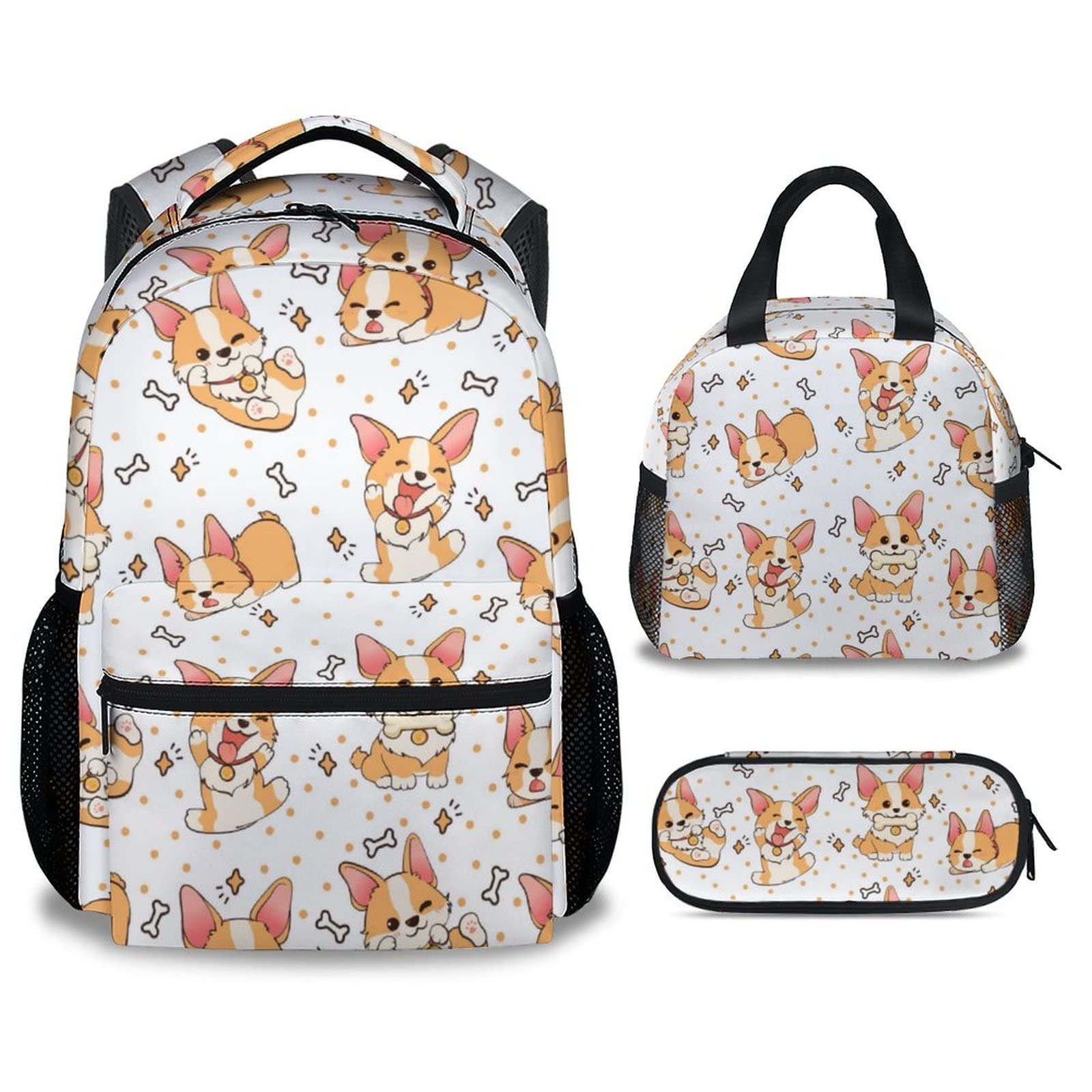 COOPASIA Cute Corgi Backpack with Lunch Box And Pencil Case, 16 Inch Dog Theme Bookbag with Adjustable Straps, Durable, Lightweight, Large Capacity,