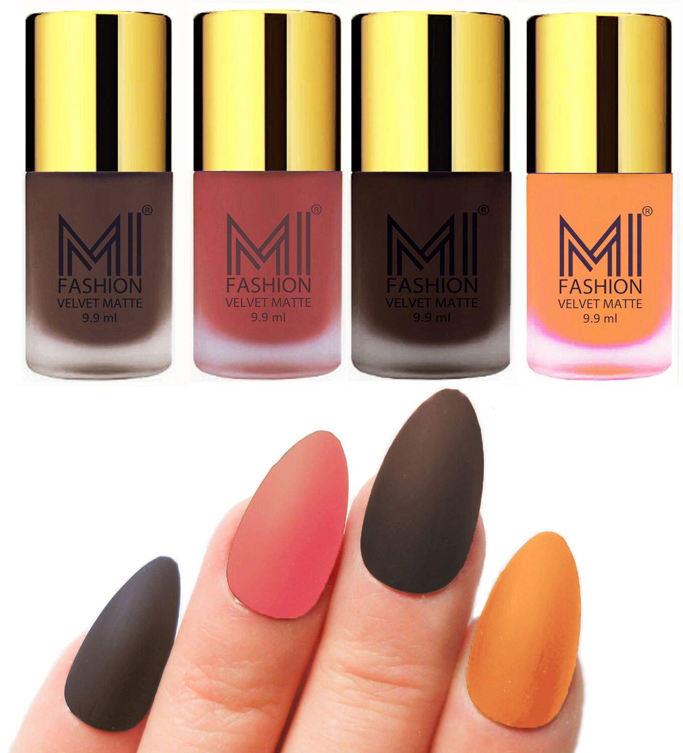 MI FASHION Velvet Matte Nail Polish Packs Pigmented With High Ingredients 9.9ml Coffee, Light Peach, Dark Brown, Saffron Orange (Pack Of-4)-image-38