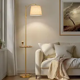 AIDENOEY Luminária De Chão Totalmente Regulável Para Sala De Estar, Luminária De Pé Com Interruptor Rotativo E Abajur Bege De Linho, Luminárias Altas Douradas Para Quarto Com Cabeça Ajustável, Lâmp