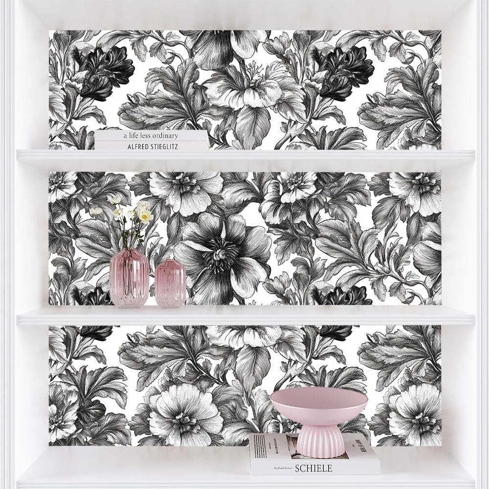 Papel pintado autoadhesivo Floral en blanco y negro Papel tapiz adhesivo Flor retro Plástico adhesivo impermeable para la parte posterior de la sala de estar el dormitorio los muebles el vinilo para