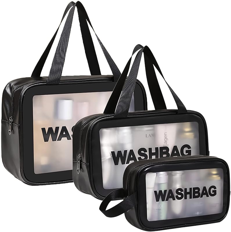Necessaire de viagem DAPOWER com 3 bolsas, material translúcido fosco, alça e zíper, preta