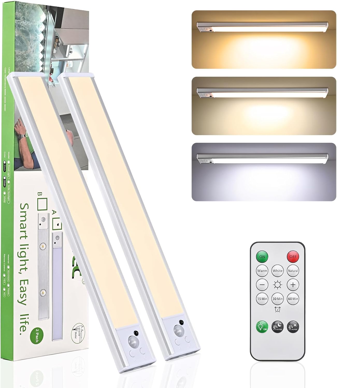 12 Inch Under Cabinet Lighting Wireless, Rechargeable Motion Sensor Light | 2 Pack, Adhesive Punch Free Installation, Remote Control Included, LED Lighting for Kitchen, Stair, Pantry and Closet