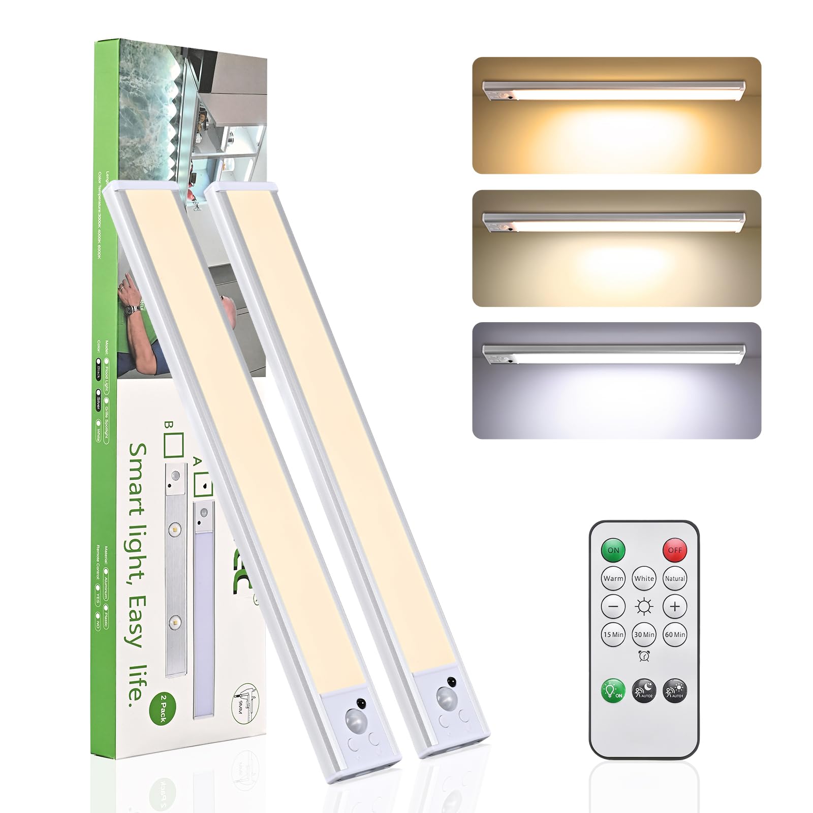 12 Inch Wireless Under Cabinet Lights, Rechargeable Motion Sensor LED Light | 2 Pack, Adhesive Installation with Remote Control, ideal indoor lighting for kitchen, stair, pantry, closet and shelf