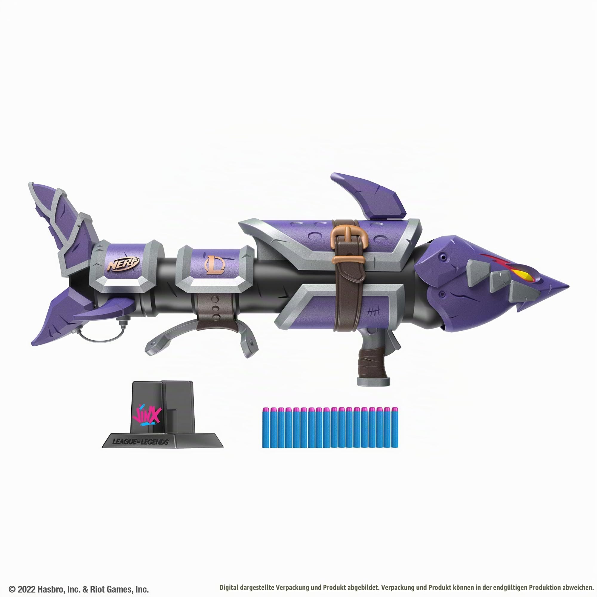 Nerf LMTD League of Legends Jinx Fishbones Blaster, 18 Dart-Trommel, 18 Nerf Elite Darts, 3er Dart-Abschuss, Display-Ständer
